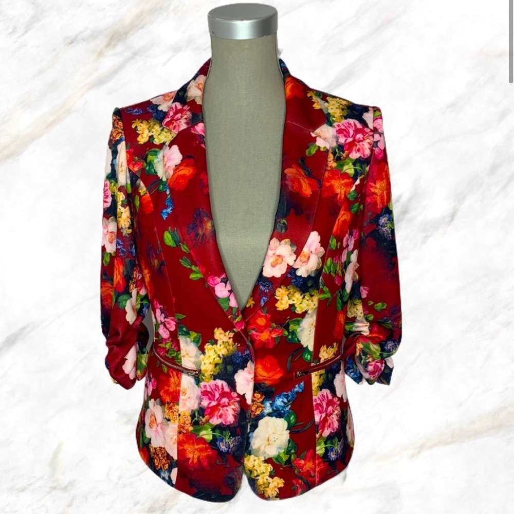 Another Story | Red Floral Button Front Blazer